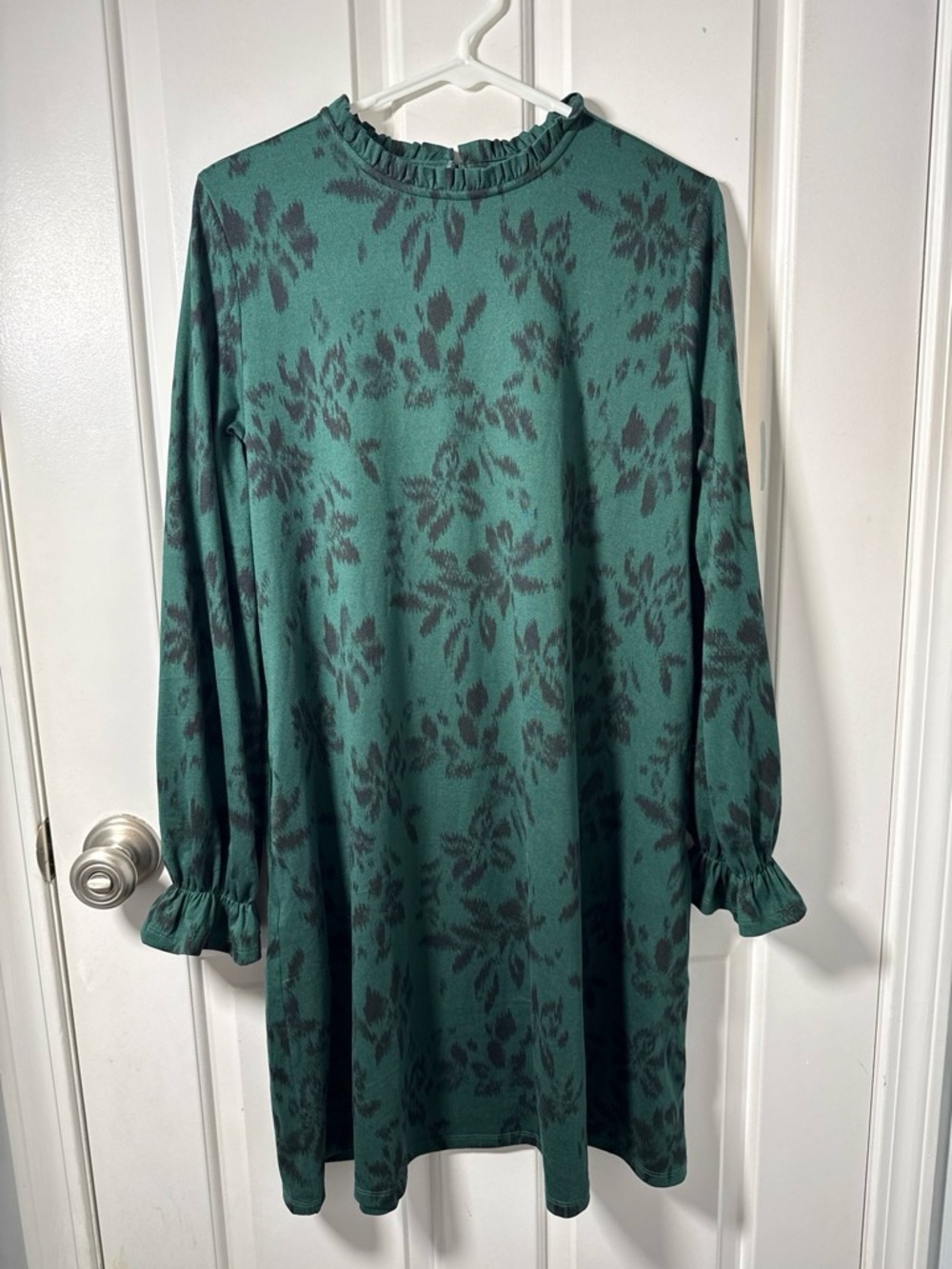 Maurices Teal Green Floral Ruffle-Neck Long Sleeve Dress